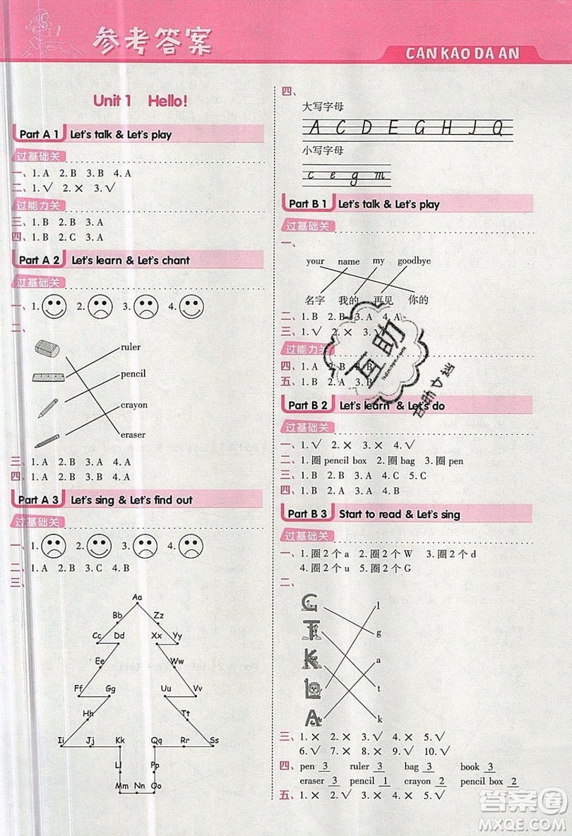 南京師范大學(xué)出版社天星教育2019一遍過小學(xué)英語三年級上冊RP人教版參考答案