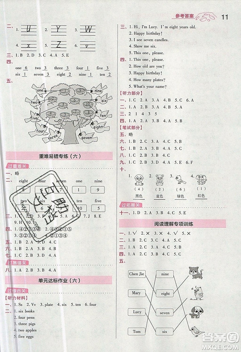 南京師范大學(xué)出版社天星教育2019一遍過小學(xué)英語三年級上冊RP人教版參考答案