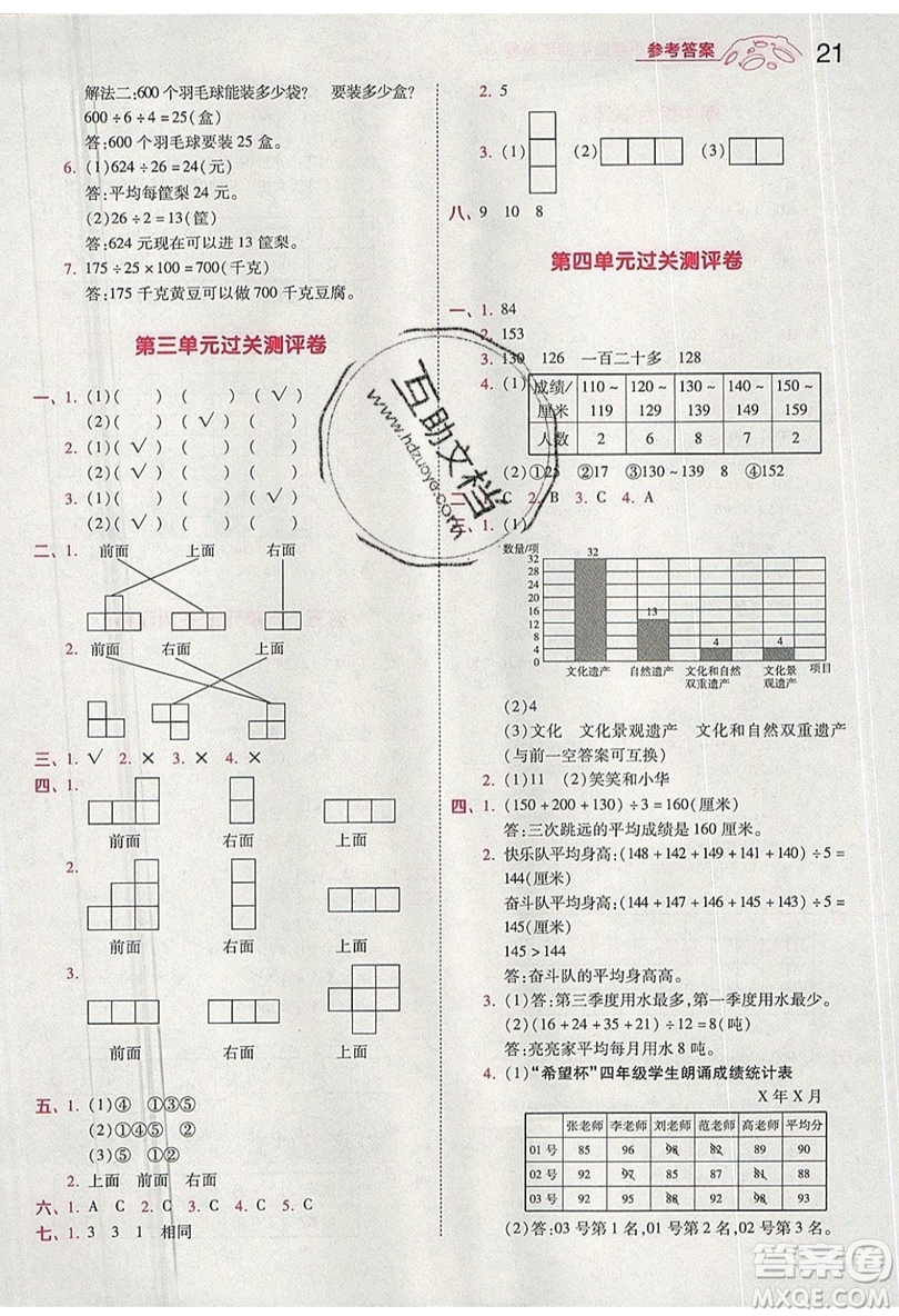 南京師范大學(xué)出版社天星教育2019一遍過小學(xué)數(shù)學(xué)四年級上冊蘇教SJ版參考答案