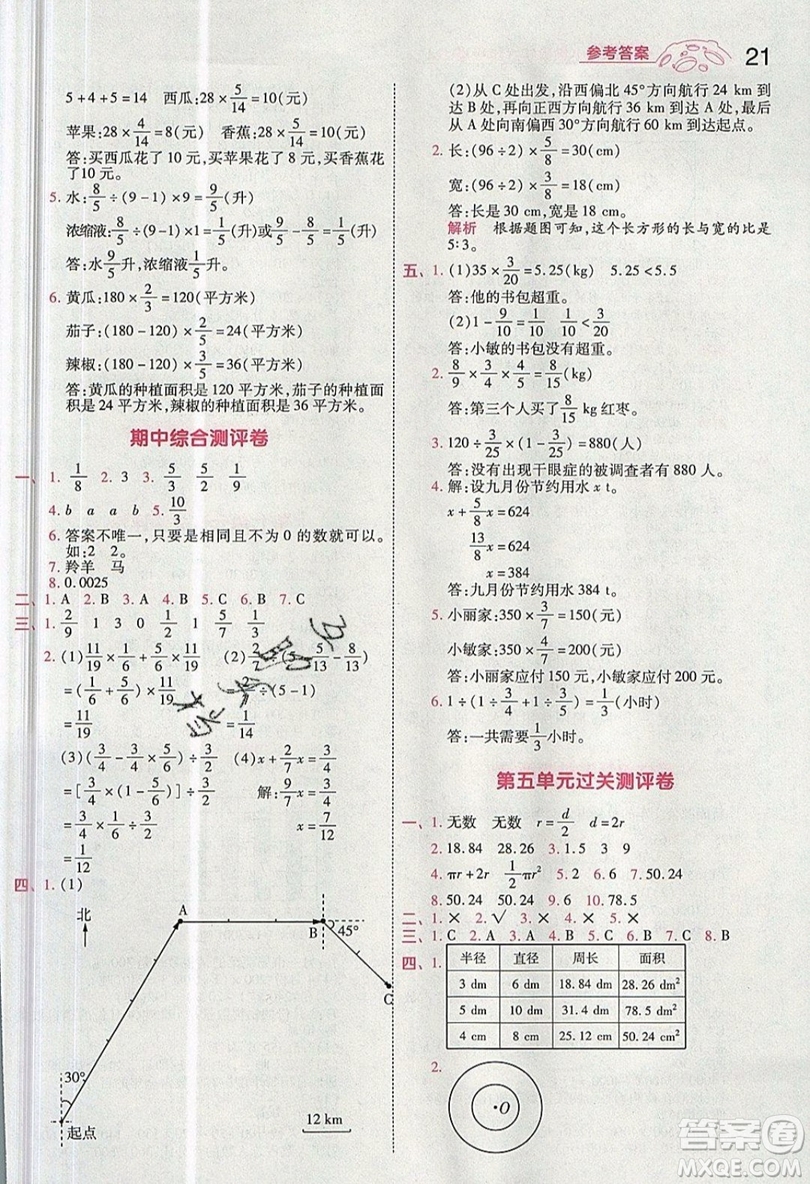 南京師范大學(xué)出版社天星教育2019一遍過(guò)小學(xué)數(shù)學(xué)六年級(jí)上冊(cè)人教RJ版參考答案