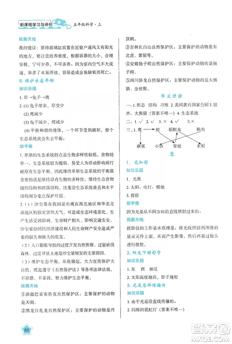 2019新課程學習與評價五年級科學上冊K版答案