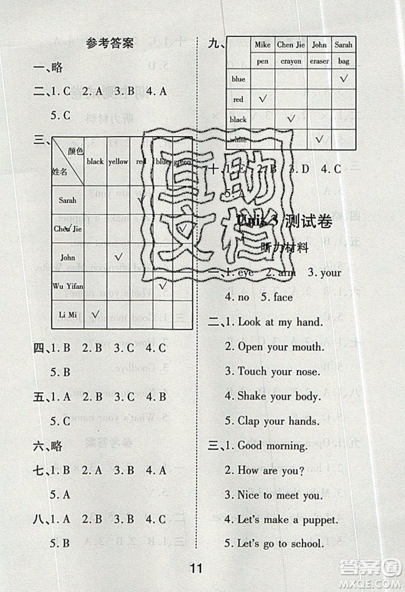 榮恒教育2019秋黃岡課課練英語三年級上冊RJ人教版參考答案