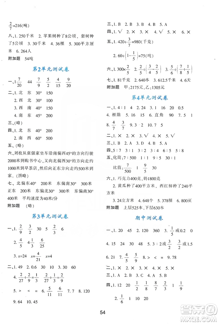 2019新課程學(xué)習(xí)與評(píng)價(jià)六年級(jí)數(shù)學(xué)上冊(cè)A版答案