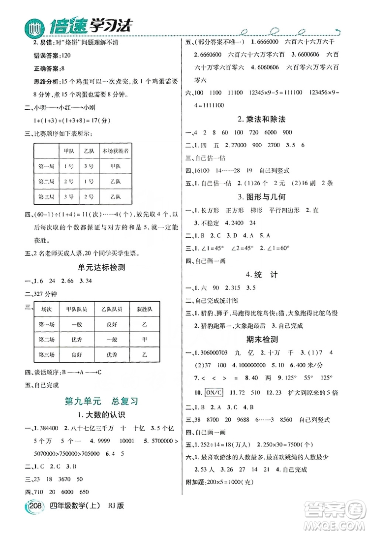 2019倍速學習法教材導學練四年級數(shù)學上冊人教版答案