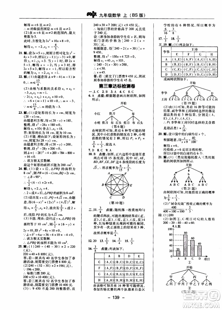 榮德基2019秋典中點(diǎn)綜合應(yīng)用創(chuàng)新題數(shù)學(xué)九年級(jí)上冊(cè)BS版北師大版參考答案