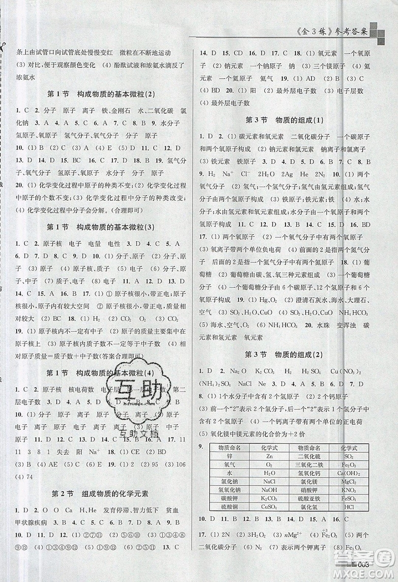 東南大學(xué)出版社2019新版金3練化學(xué)九年級(jí)上冊HK滬科版參考答案