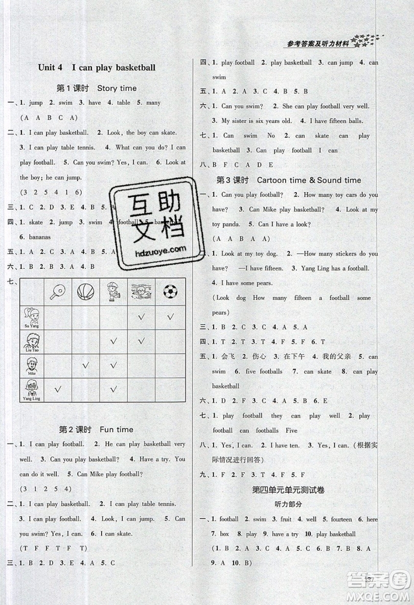 2019秋金3練課堂作業(yè)實驗提高訓練英語四年級上冊新課標江蘇版參考答案