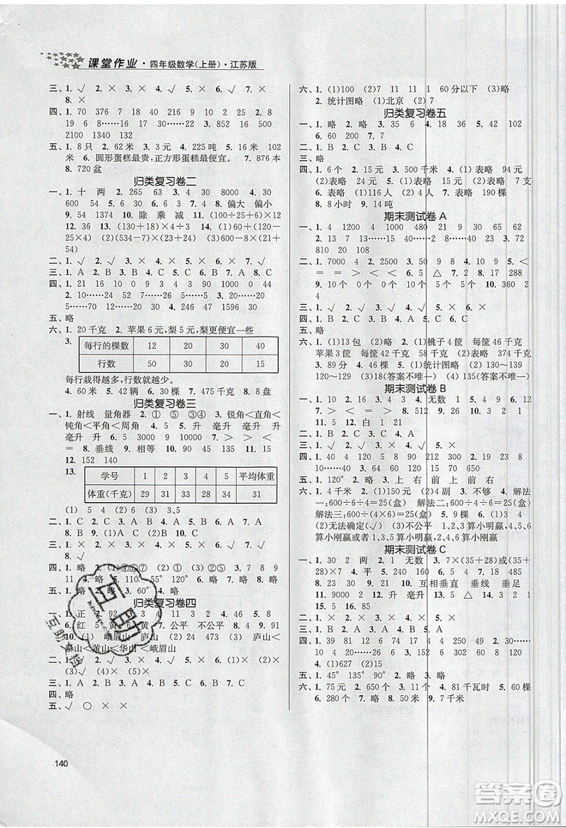 2019秋金3練課堂作業(yè)實驗提高訓練數(shù)學四年級上冊新課標江蘇版參考答案