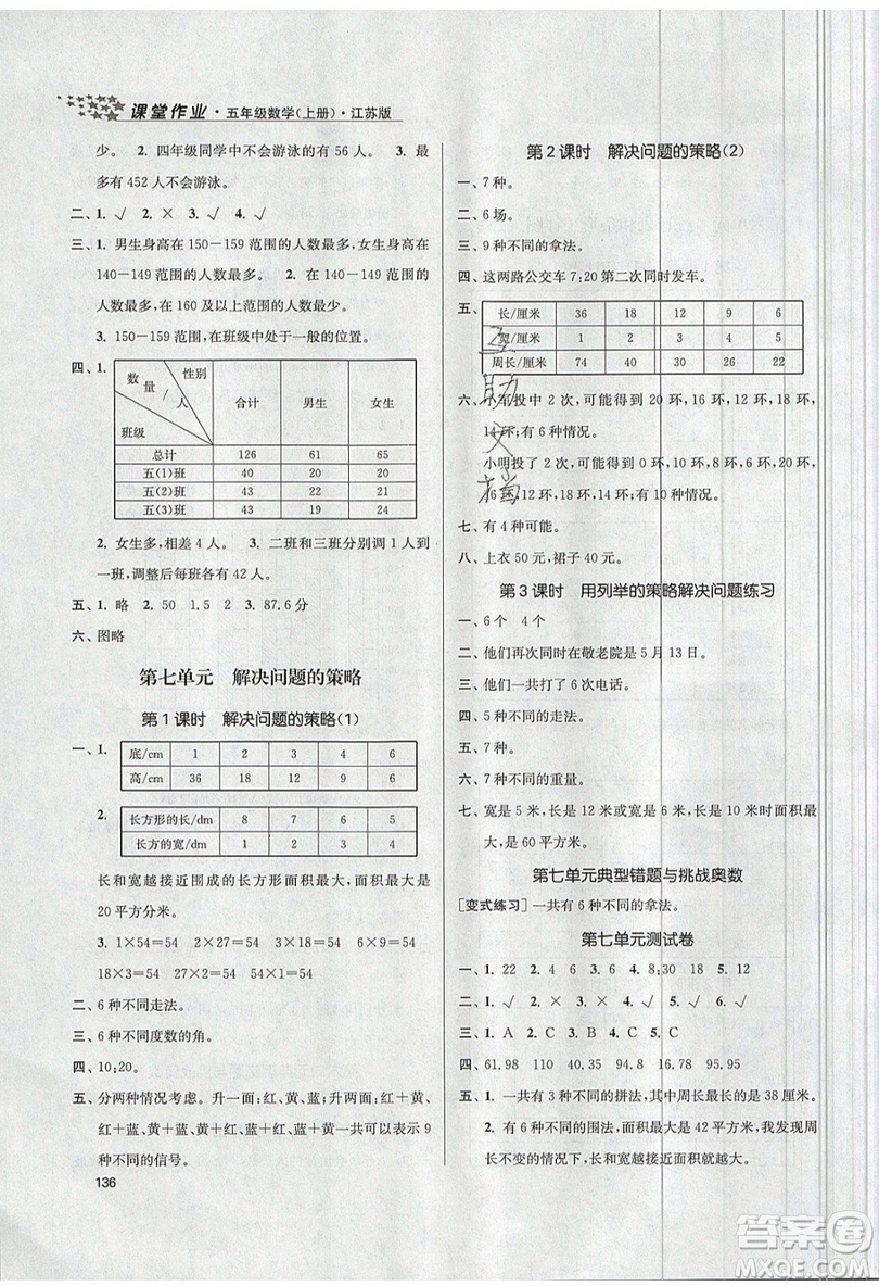 2019秋金3練課堂作業(yè)實驗提高訓(xùn)練數(shù)學(xué)五年級上冊新課標(biāo)江蘇版參考答案