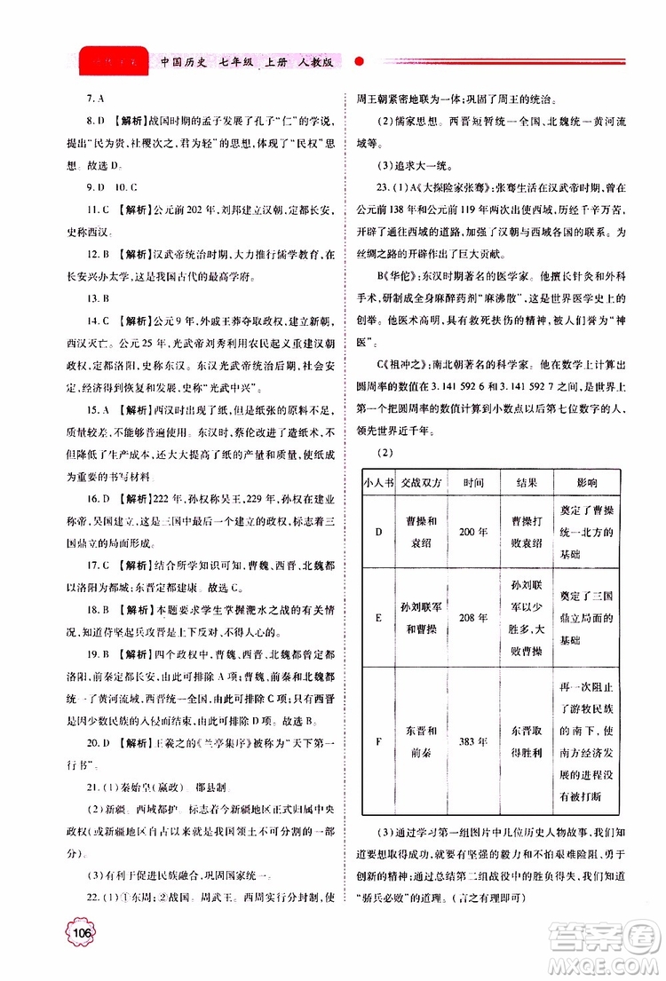 公告目錄教輔2019年績優(yōu)學案中國歷史七年級上冊人教版參考答案