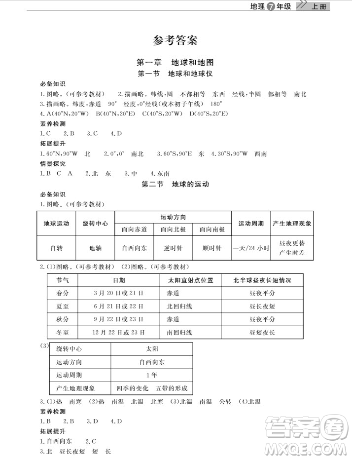 武漢出版社2019智慧學(xué)習(xí)課堂作業(yè)地理七年級上冊答案