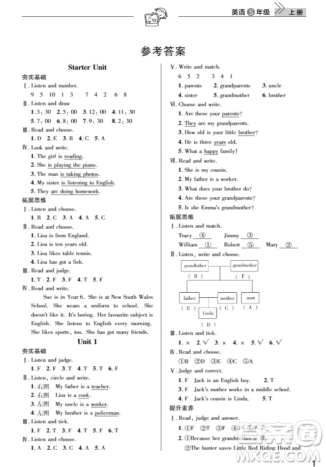 武漢出版社2019天天向上課堂作業(yè)5年級(jí)英語(yǔ)上冊(cè)答案