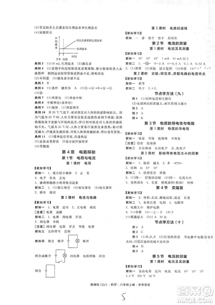 陽光出版社2019全品學練考學習手冊八年級科學上冊浙教版答案