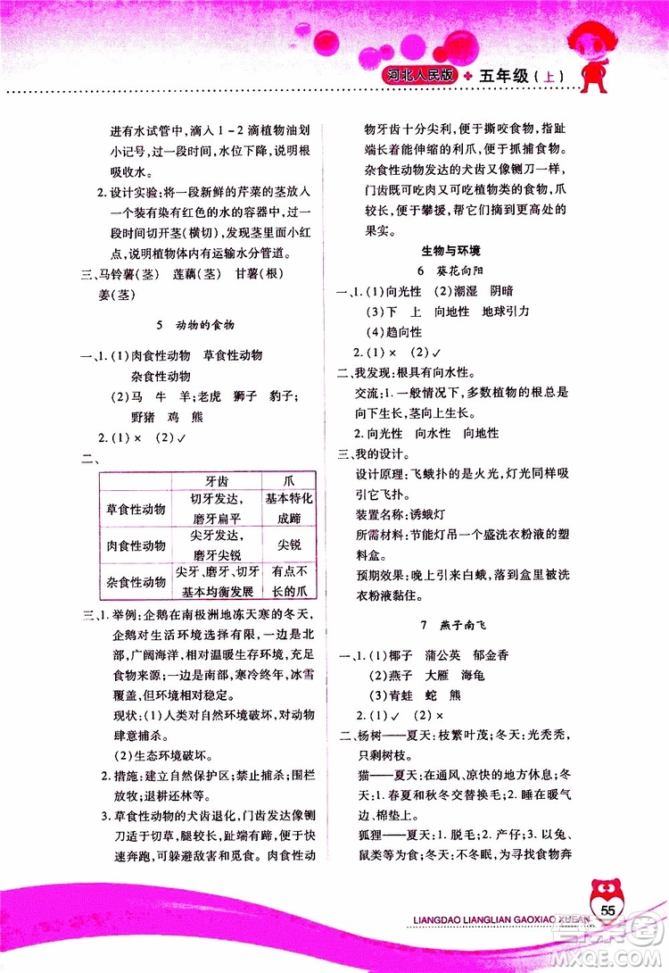 2019年新課標兩導兩練高效學案科學五年級上冊河北人民版參考答案