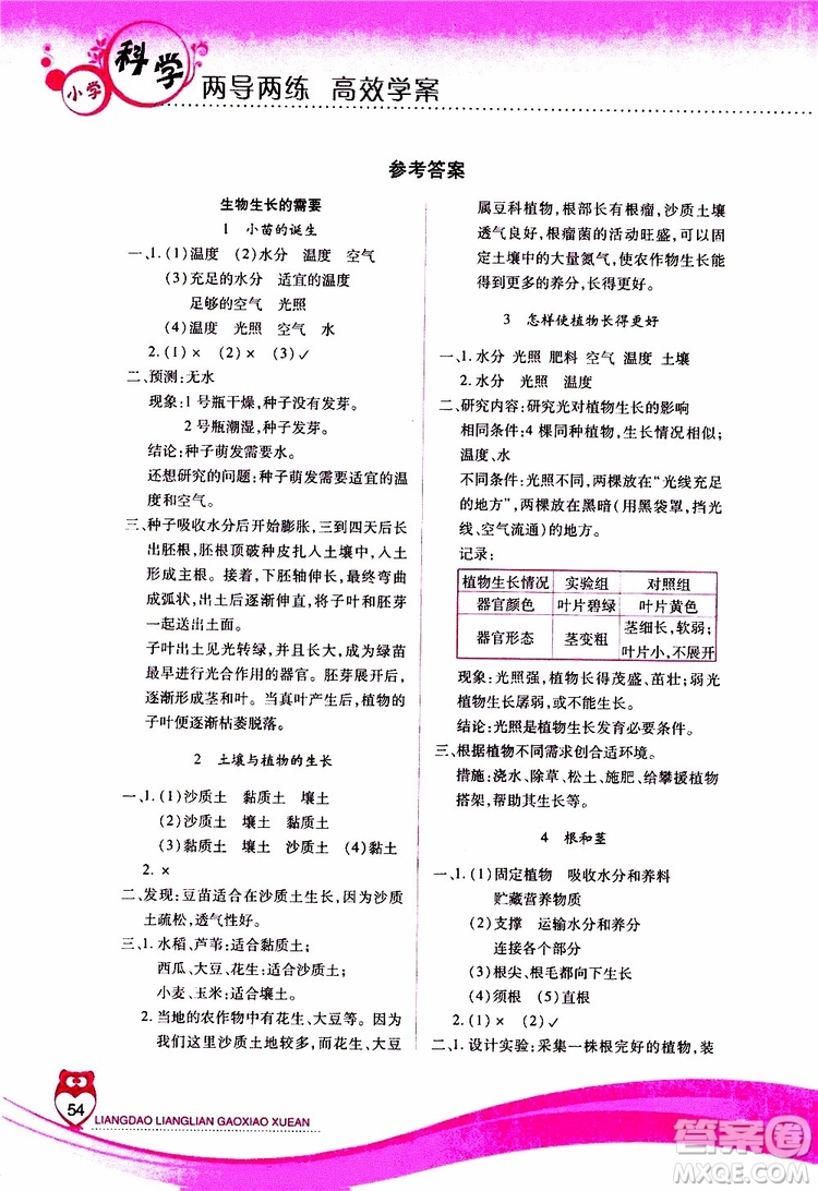 2019年新課標兩導兩練高效學案科學五年級上冊河北人民版參考答案