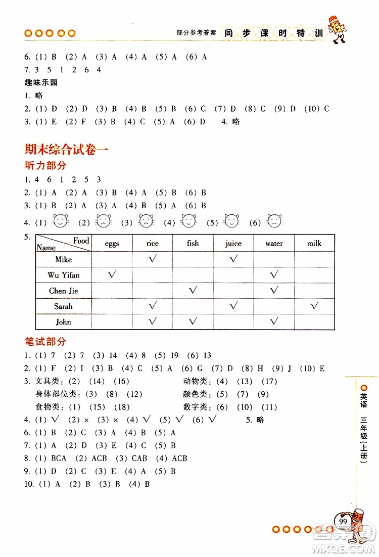 2019年浙江新課程三維目標(biāo)測(cè)評(píng)同步課時(shí)特訓(xùn)英語(yǔ)三年級(jí)上冊(cè)R人教版參考答案