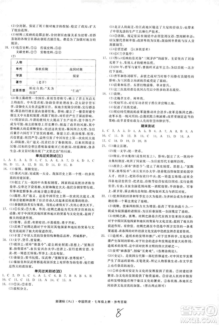 陽光出版社2019全品學(xué)練考7年級上冊中國歷史人教版答案