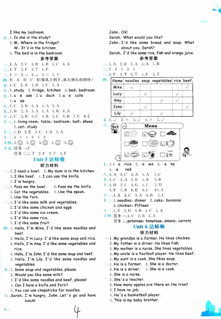 2019秋新版黃岡小狀元達(dá)標(biāo)卷英語四年級上冊RP人教版參考答案