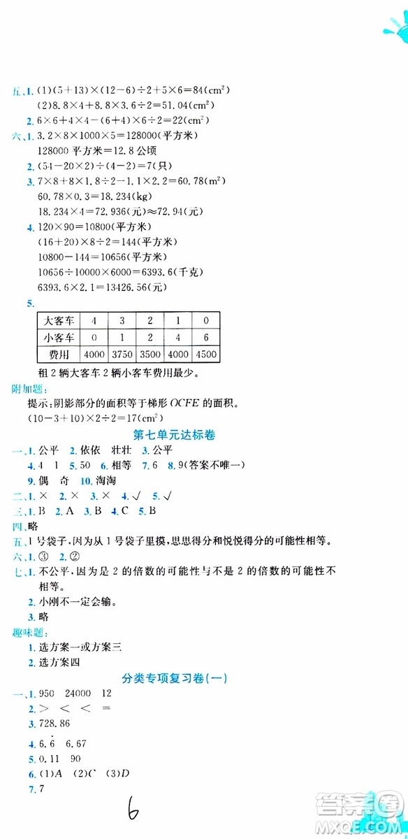 2019秋新版黃岡小狀元達標(biāo)卷五年級上冊數(shù)學(xué)BS北師版參考答案