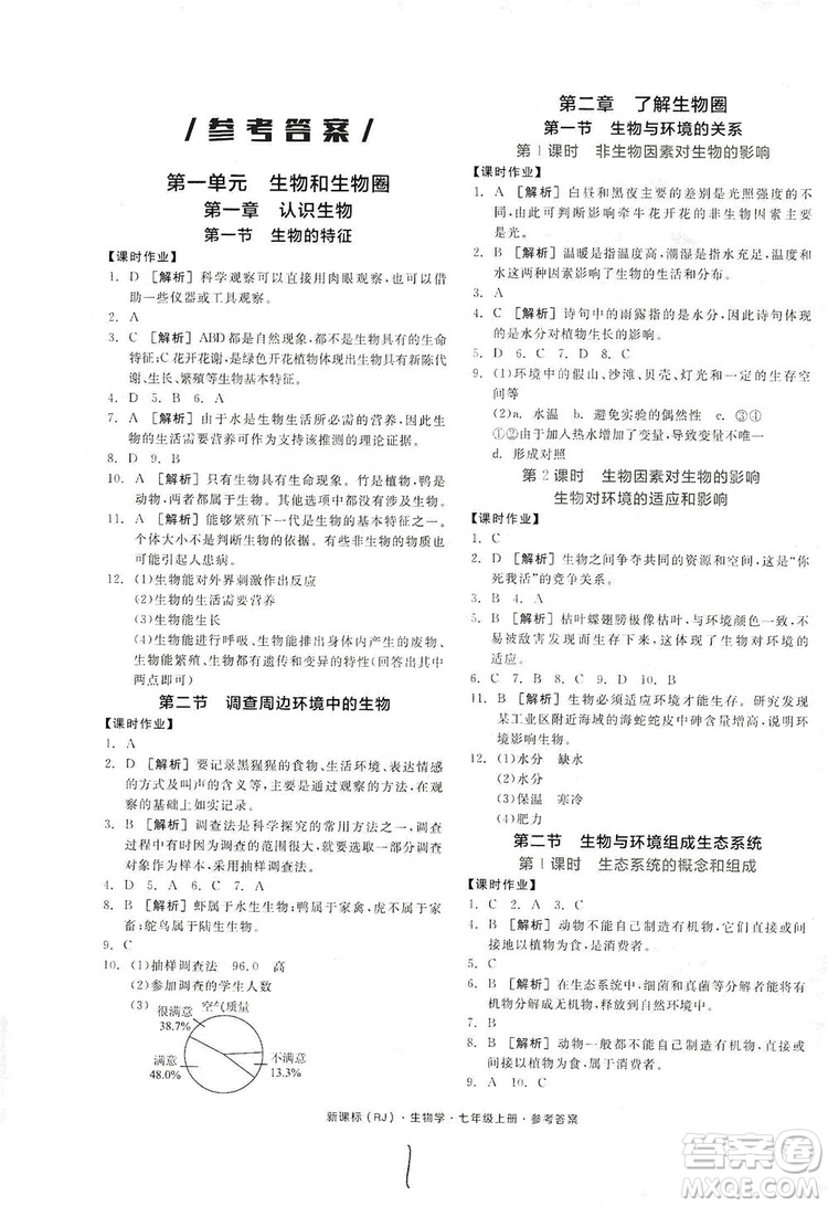 陽光出版社2019全品學(xué)練考7年級上冊生物人教版答案