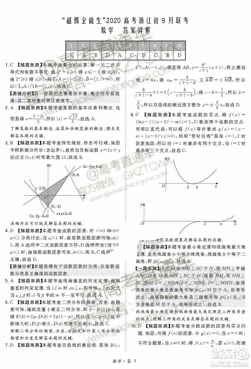 2020屆超級全能生浙江省9月聯(lián)考數(shù)學試題及參考答案