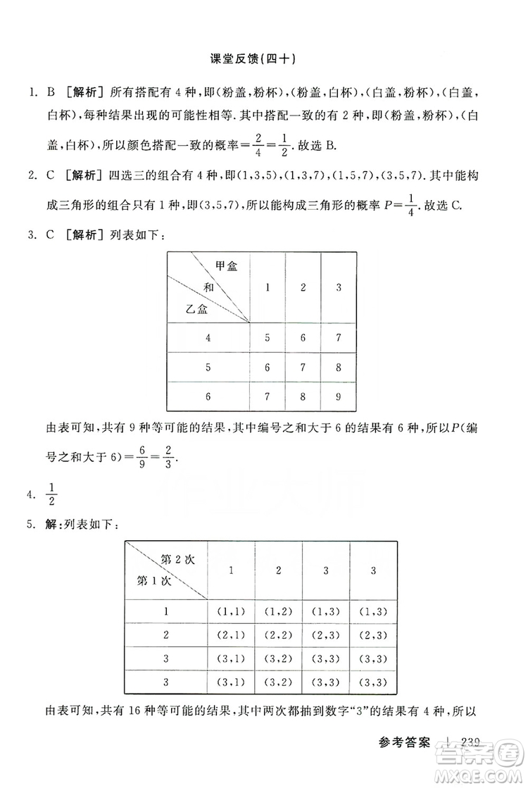 陽(yáng)光出版社2019全品學(xué)練考課堂反饋九年級(jí)數(shù)學(xué)上冊(cè)人教版答案