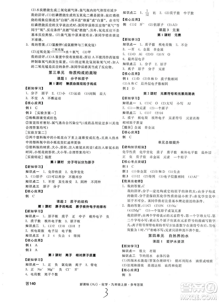 陽光出版社2019全品學練考聽課手冊九年級化學上冊新課標人教版答案