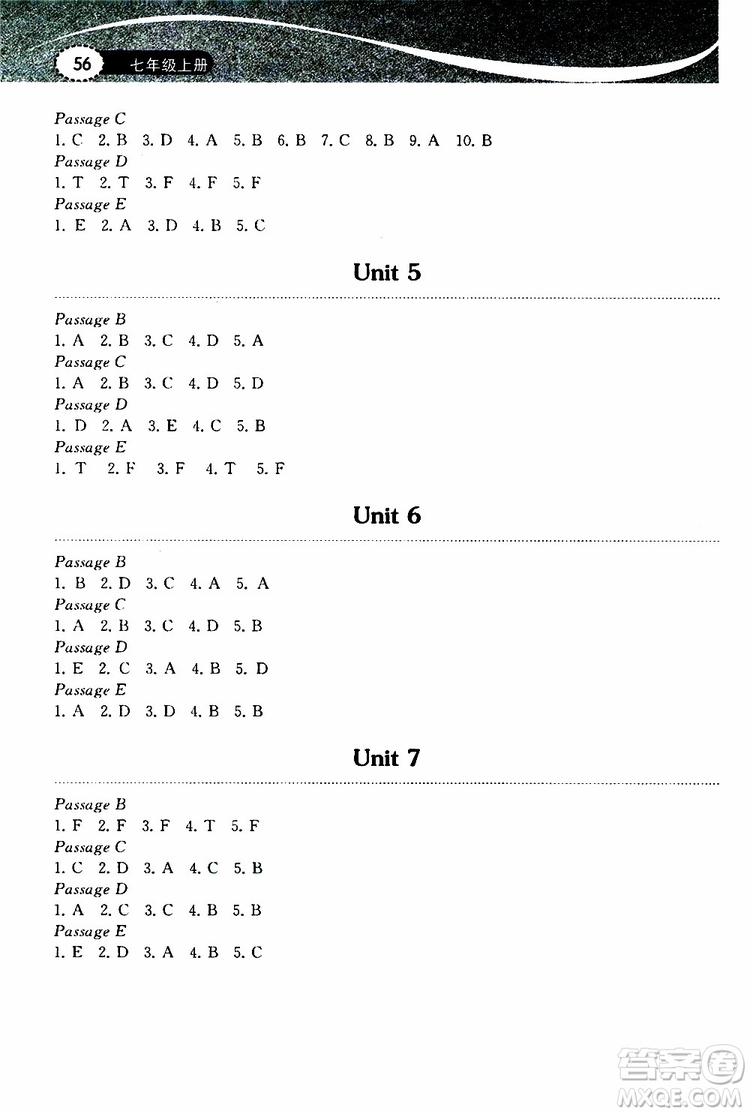 2019秋長江作業(yè)本初中英語閱讀訓(xùn)練七年級(jí)上冊(cè)人教版參考答案