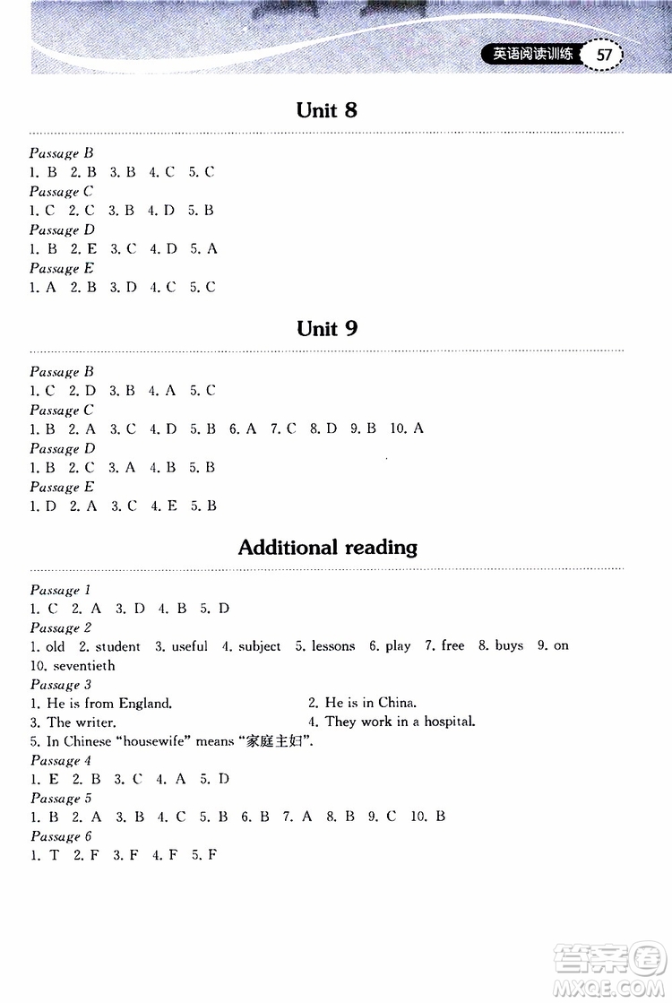 2019秋長江作業(yè)本初中英語閱讀訓(xùn)練七年級(jí)上冊(cè)人教版參考答案