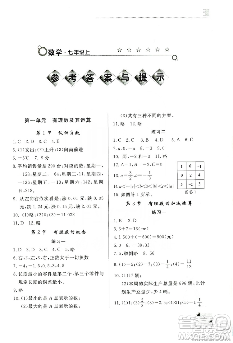 陜西師范大學(xué)出版總社2019課堂練習(xí)冊七年級數(shù)學(xué)上冊A版答案