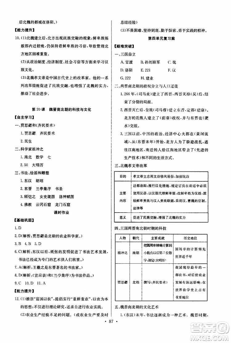 2019版長(zhǎng)江全能學(xué)案初中七年級(jí)上冊(cè)歷史人教版同步練習(xí)冊(cè)參考答案