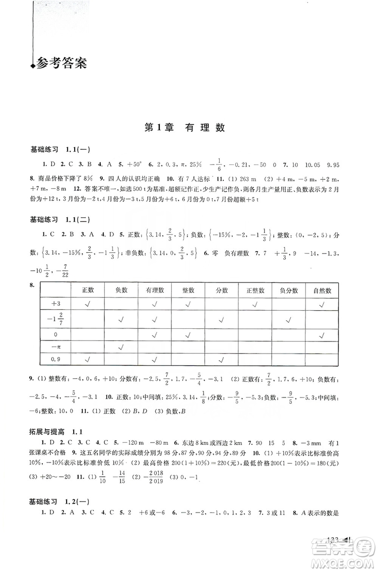 上?？茖W(xué)技術(shù)出版社2019初中數(shù)學(xué)同步練習(xí)七年級(jí)上冊(cè)滬科版答案