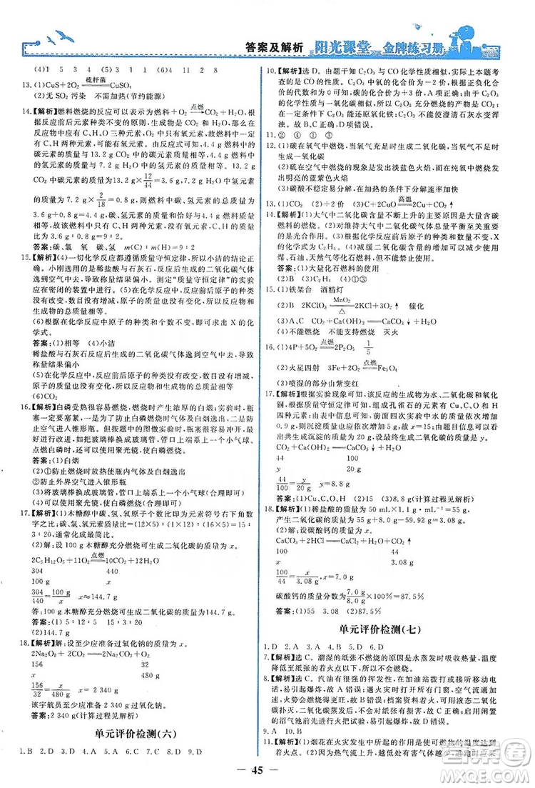 人民教育出版社2019陽光課堂金牌練習(xí)冊九年級化學(xué)上冊答案