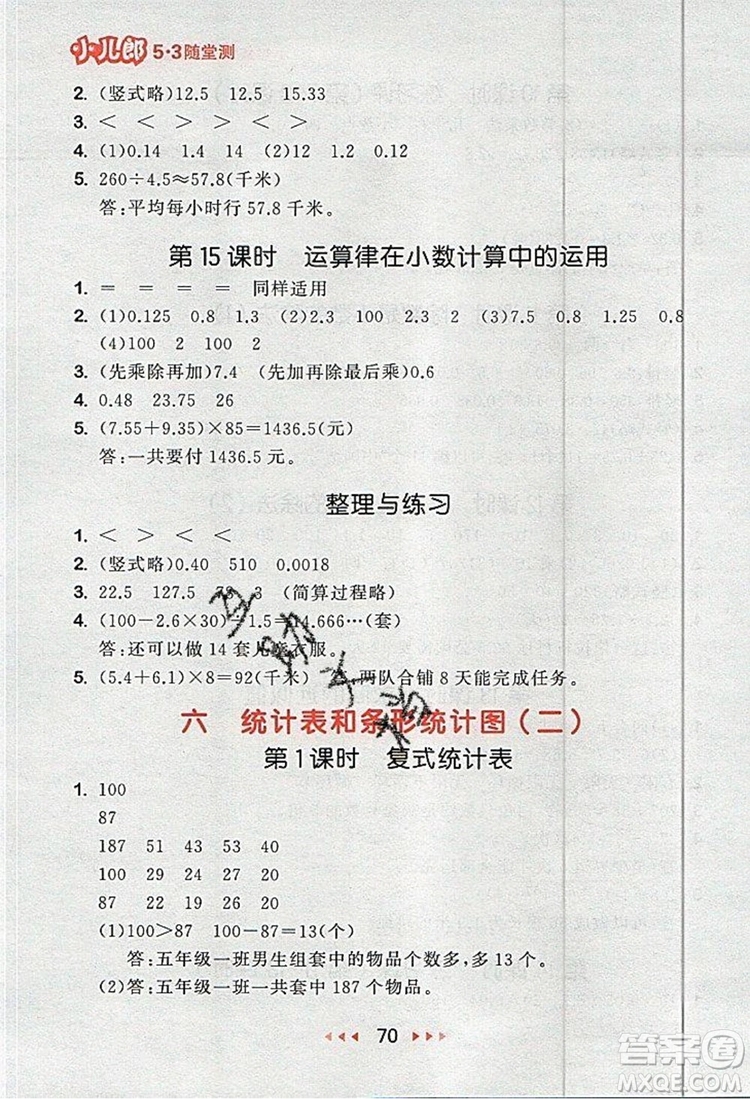 2019年53隨堂測(cè)小學(xué)數(shù)學(xué)五年級(jí)上冊(cè)蘇教版參考答案