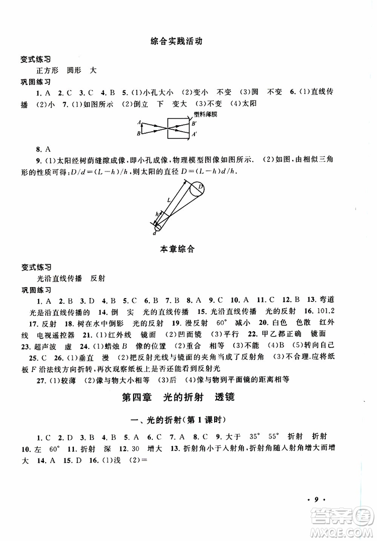 2019年拓展與培優(yōu)物理八年級(jí)上冊(cè)蘇教版參考答案