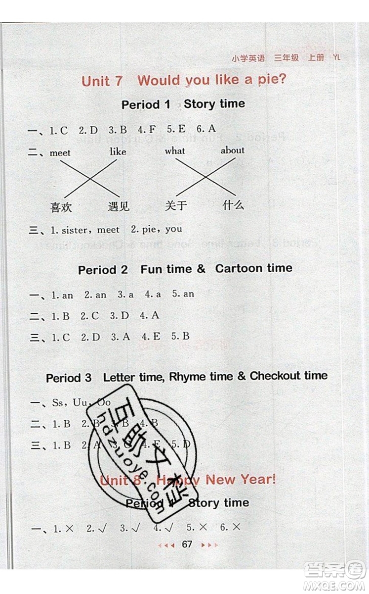 2019年53隨堂測(cè)小學(xué)英語(yǔ)三年級(jí)上冊(cè)譯林版參考答案