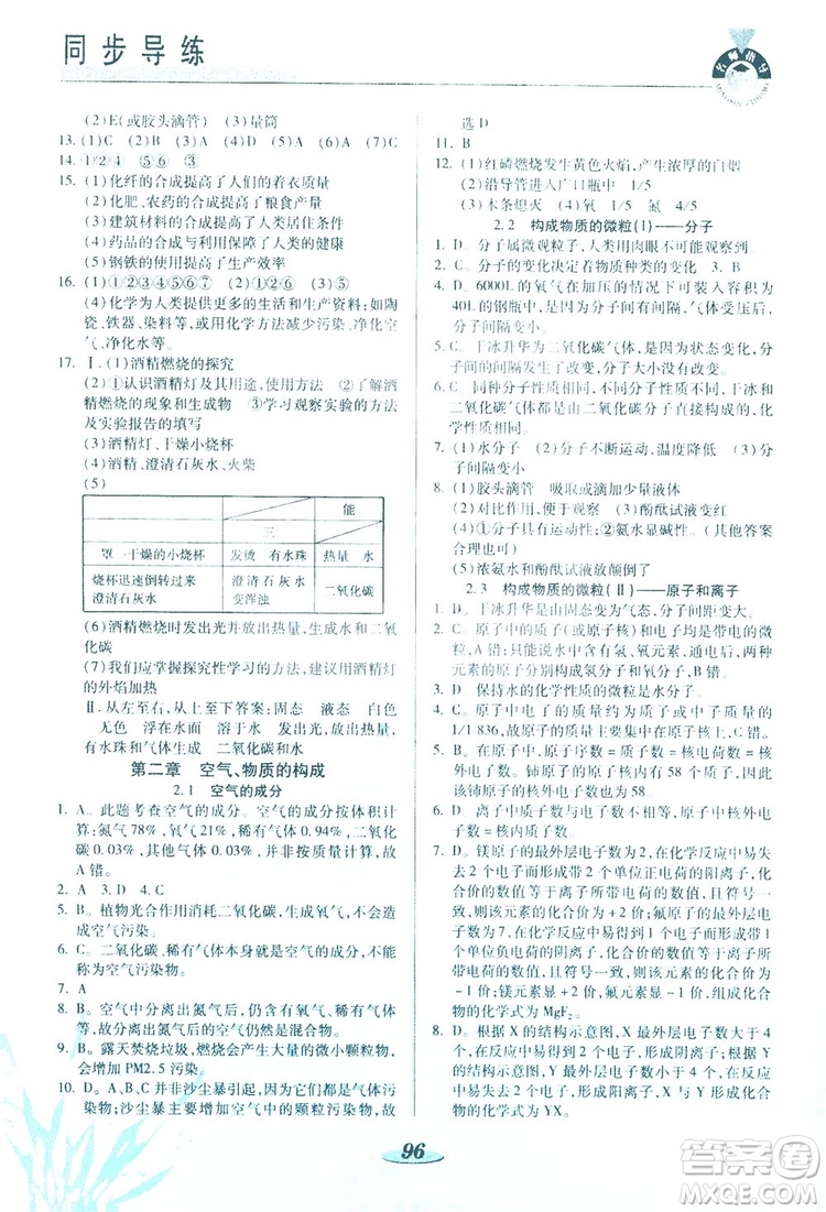 陜西科學(xué)技術(shù)出版社2019新課標(biāo)教材同步導(dǎo)練九年級化學(xué)上冊答案