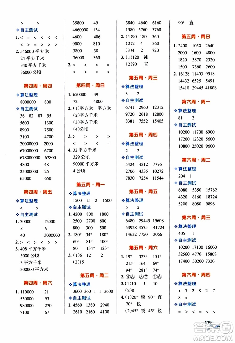 2019年P(guān)ASS綠卡圖書小學(xué)學(xué)霸天天計(jì)算四年級上RJ人教版參考答案