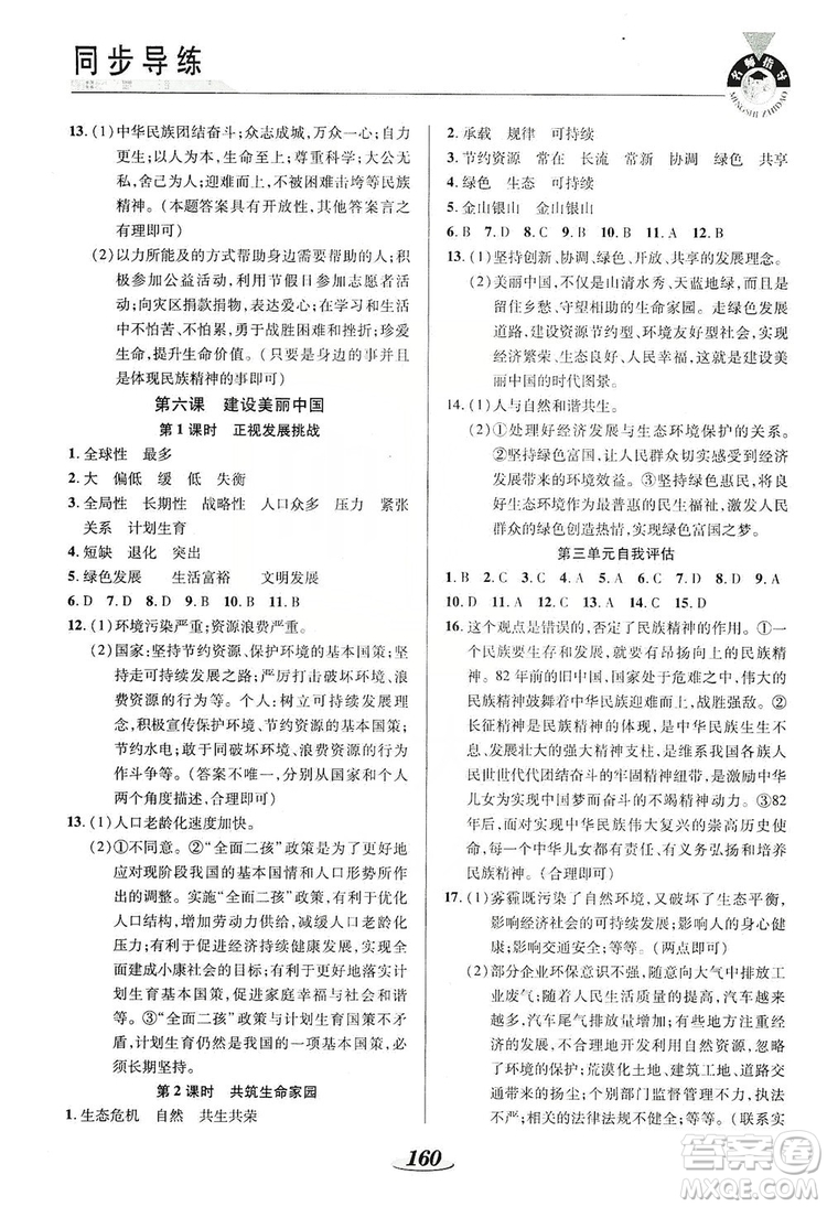 陜西科學技術出版社2019新課標教材同步導練九年級道德與法治全一冊答案