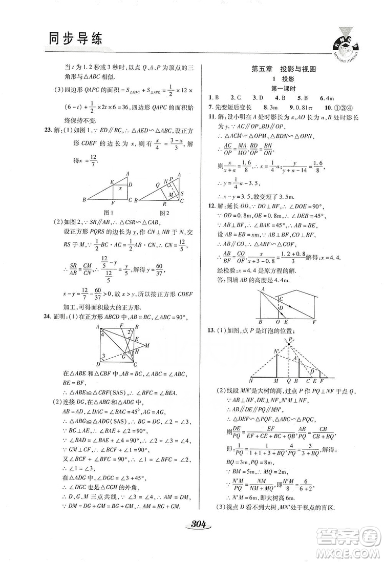 陜西科學(xué)技術(shù)出版社2019新課標(biāo)教材同步導(dǎo)練九年級數(shù)學(xué)全一冊答案