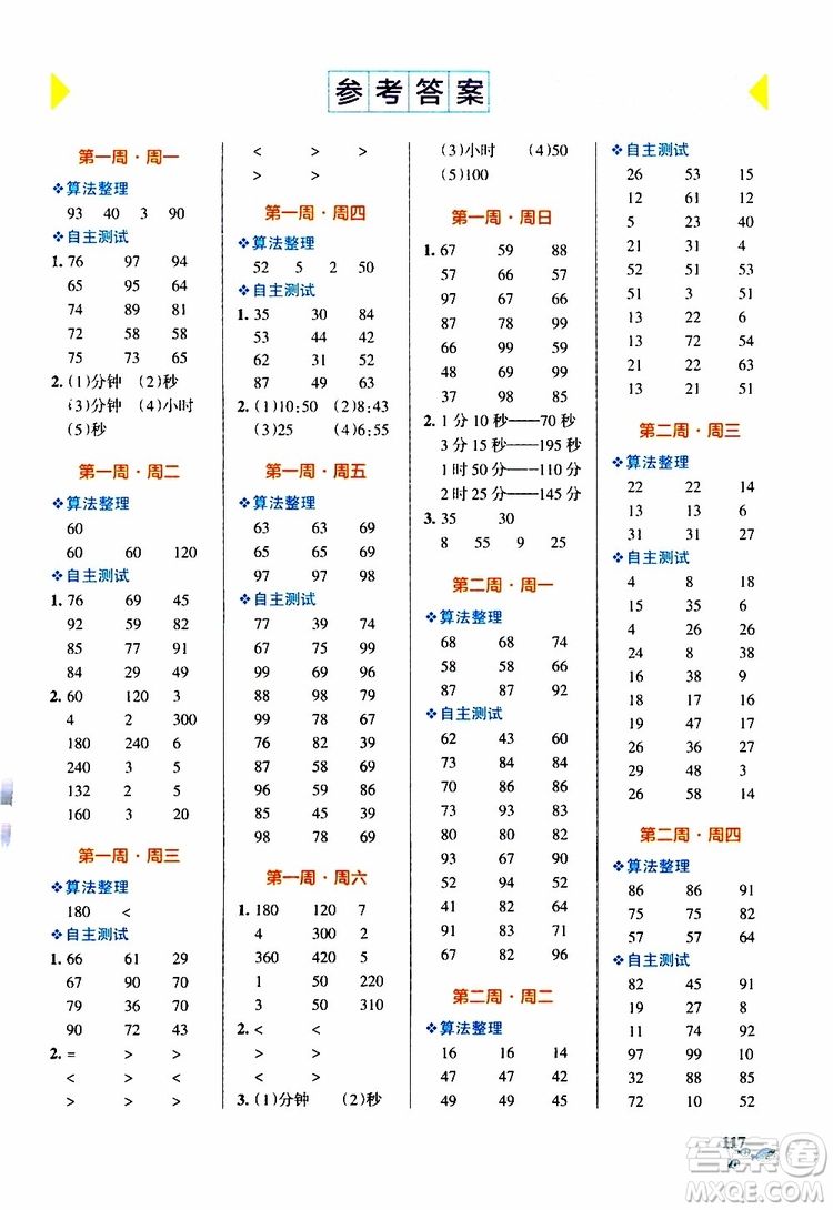 2019年P(guān)ASS綠卡圖書小學(xué)學(xué)霸天天計(jì)算三年級上RJ人教版參考答案