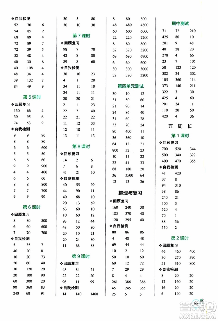 2019年P(guān)ASS綠卡圖書小學學霸口算三年級上BS北師版參考答案