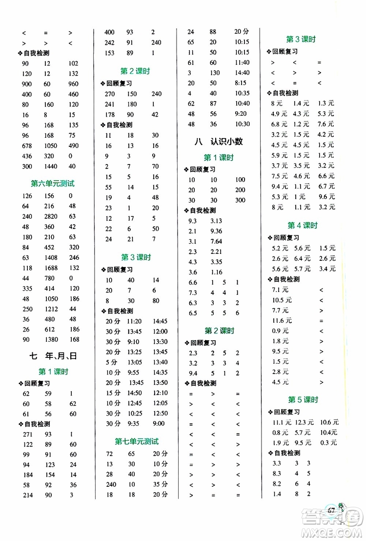 2019年P(guān)ASS綠卡圖書小學學霸口算三年級上BS北師版參考答案