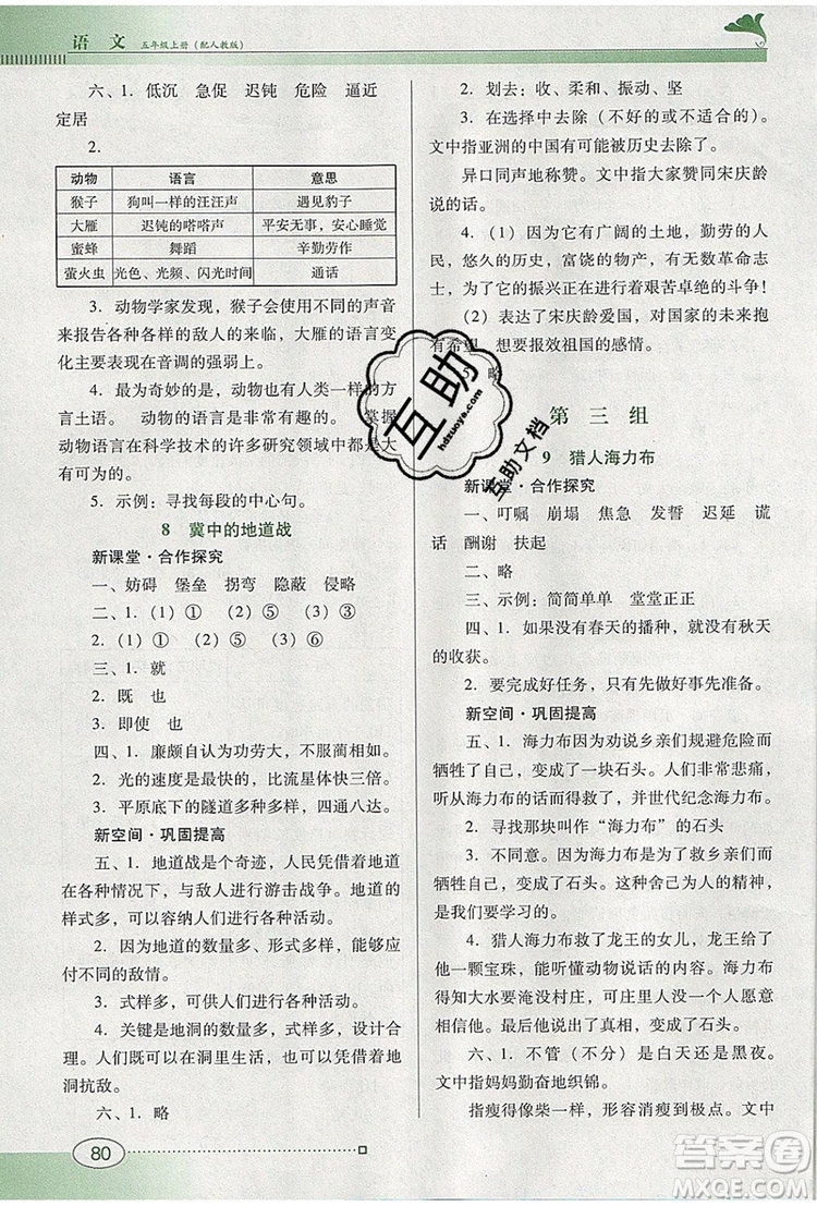 2019年南方新課堂金牌學案五年級語文上冊人教版參考答案