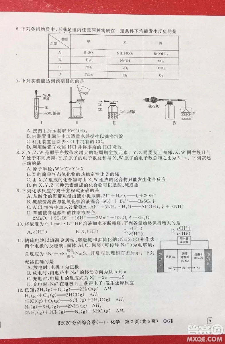 2020屆全國(guó)高考3+3分科綜合卷一化學(xué)試題及答案解析