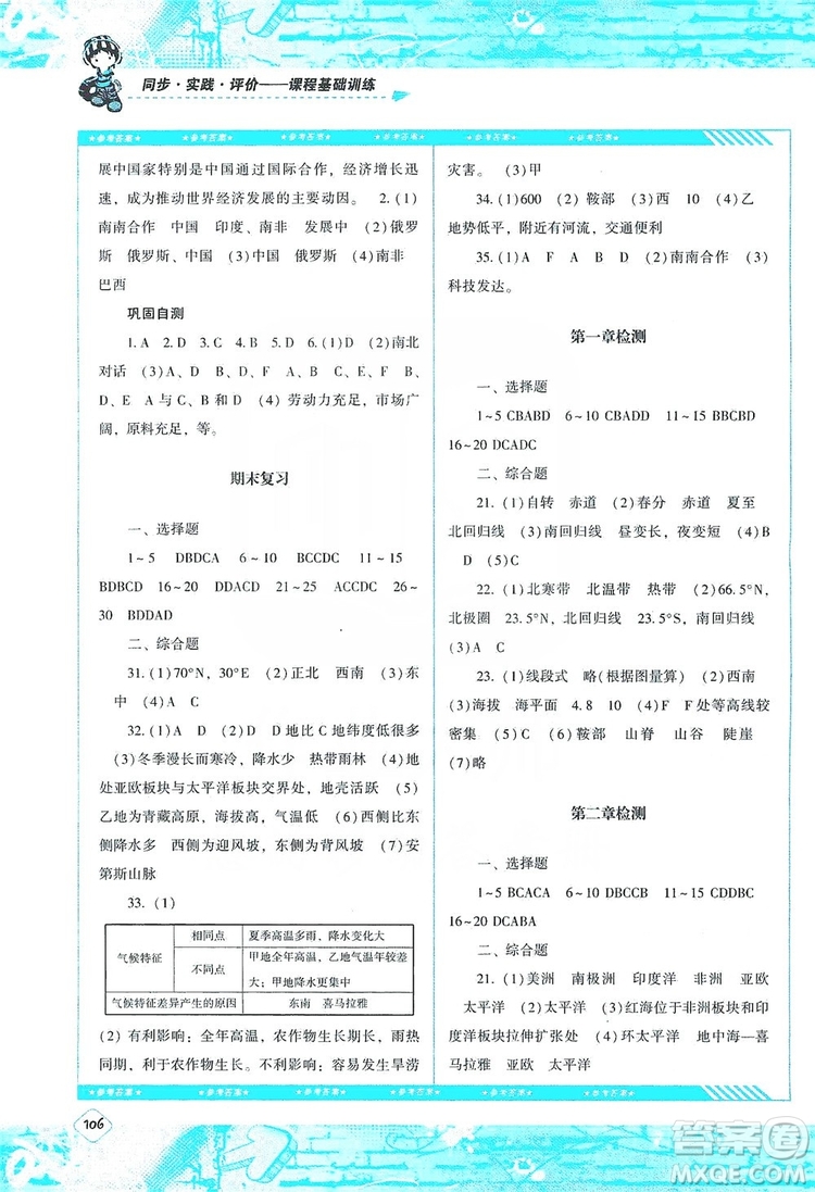 湖南少年兒童出版社2019課程基礎(chǔ)訓(xùn)練地理七年級(jí)上冊(cè)人教版答案