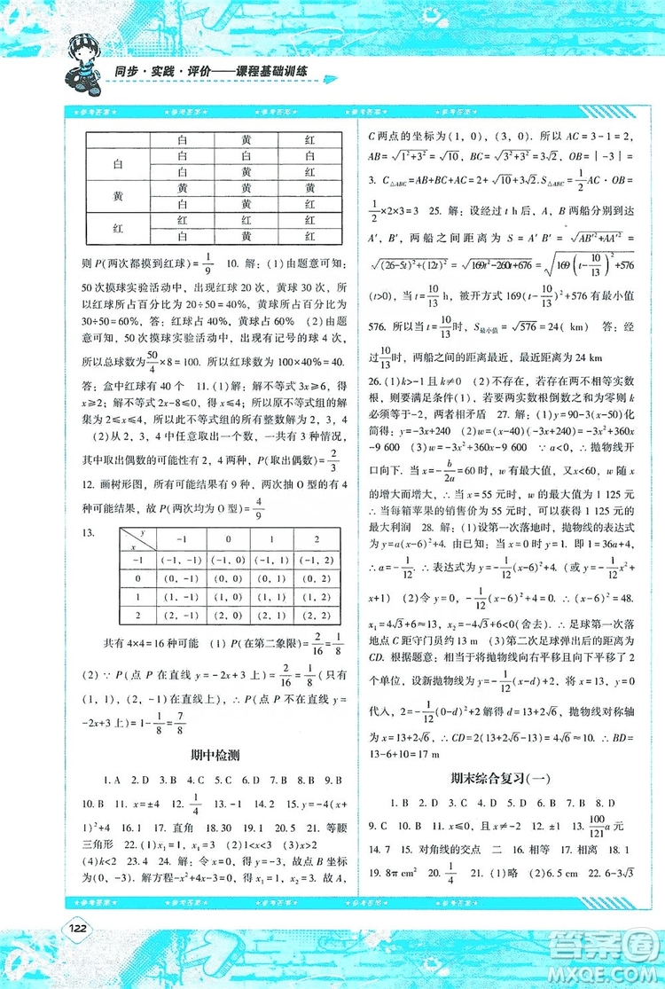 湖南少年兒童出版社2019課程基礎(chǔ)訓(xùn)練九年級(jí)數(shù)學(xué)上冊(cè)人教版答案