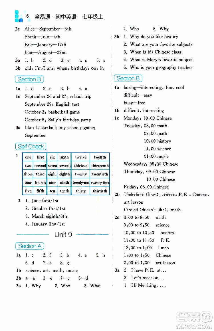 浙江教育出版社2019年全易通初中英語(yǔ)七年級(jí)上冊(cè)R人教版參考答案