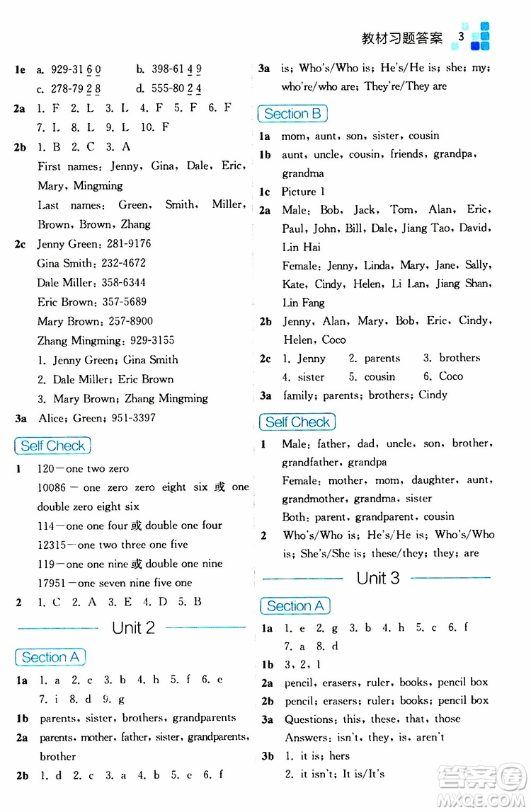 浙江教育出版社2019年全易通初中英語(yǔ)七年級(jí)上冊(cè)R人教版參考答案