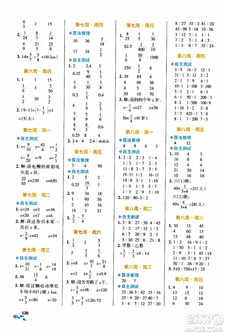 遼寧教育出版社2019年小學學霸天天計算六年級上冊RJ人教版參考答案